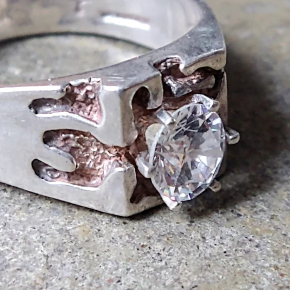 Vintage Sterling Silver Ring Size 9.75 Nugget Clear CZ Brutalist Modern